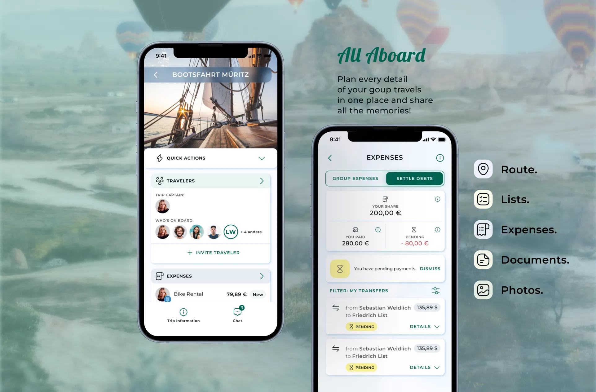 All Aboard App: Reiseübersicht mit Mitreisenden und Ausgaben-Abrechnung