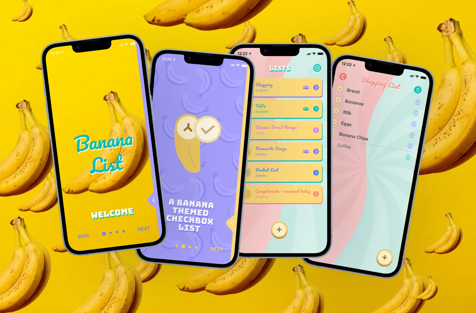 Banana List App: Onboarding, Listenübersicht und geteilte Einkaufsliste