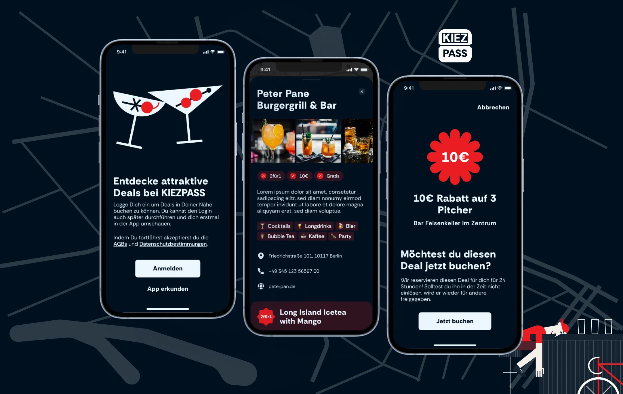 Kiezpass App: Login, Partnerprofil mit Deals, Deal-Buchung