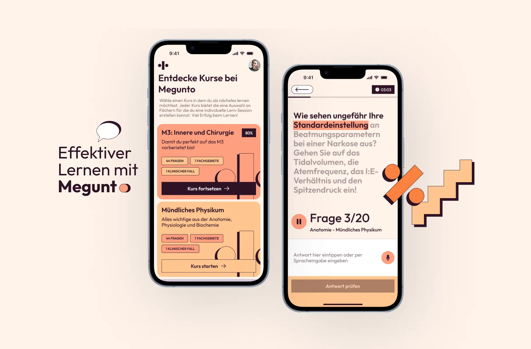 Megunto App: Kursübersicht und Prüfungsfrage mit Spracheingabe