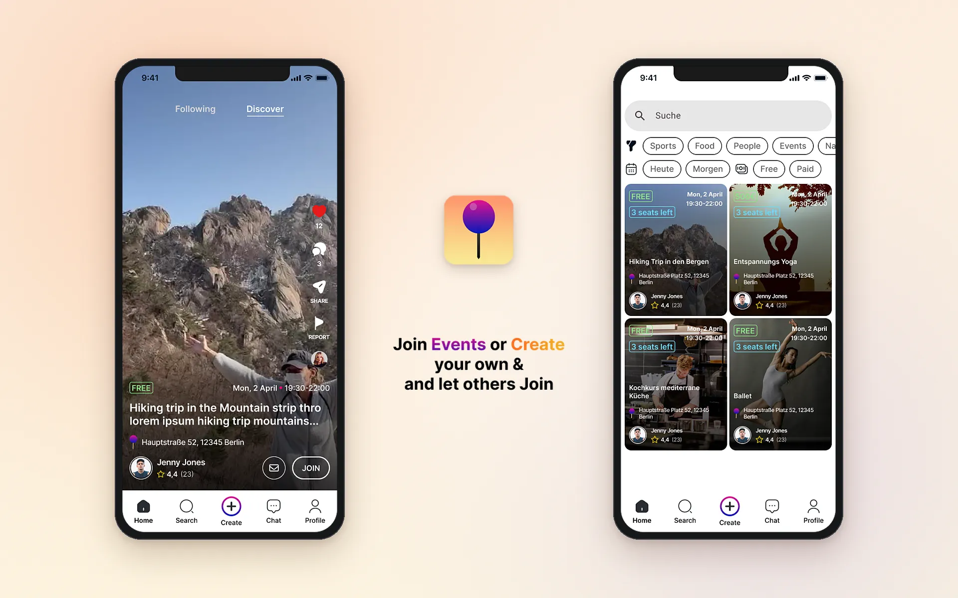 Twiggli App: Event-Feed im Vollbild und Suche mit Filtern nach Kategorie, Datum und Preis